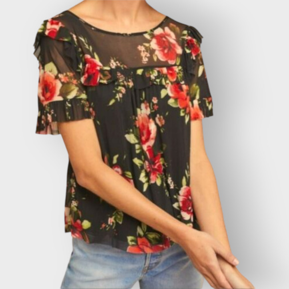 Sunday in Brooklyn Fabiana Floral Top Blouse Black Red Ruffles Sheer Scoop XS - Picture 9 of 10